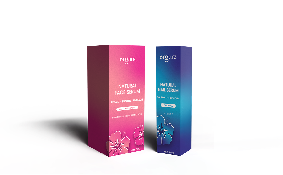 Orgare face serum and nail serum boxes